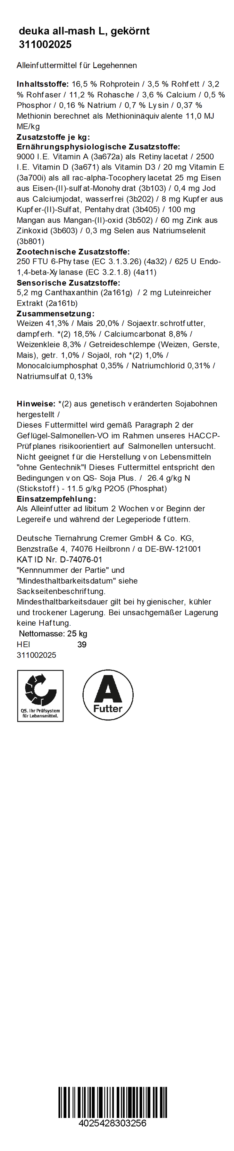deuka all-mash L, 25 kg