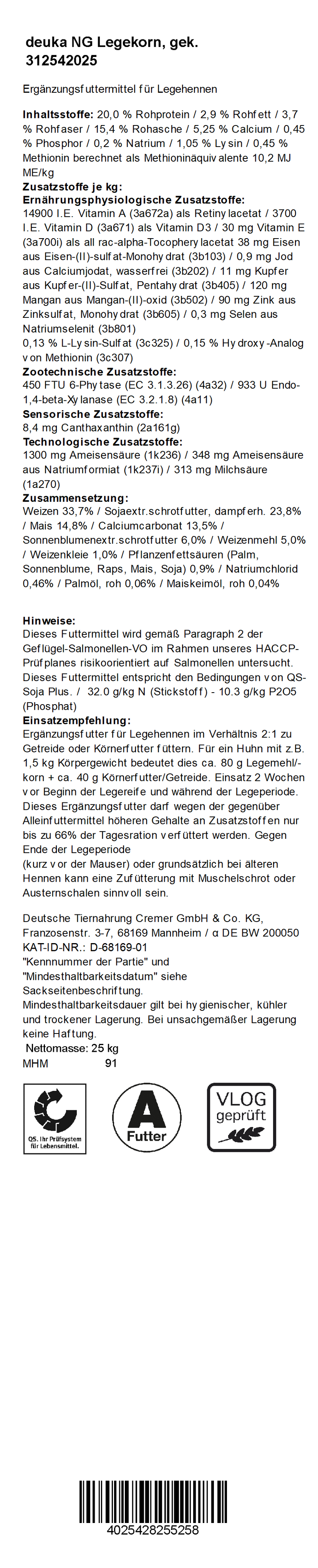 deuka NG Legemehl/Legekorn, 25 kg