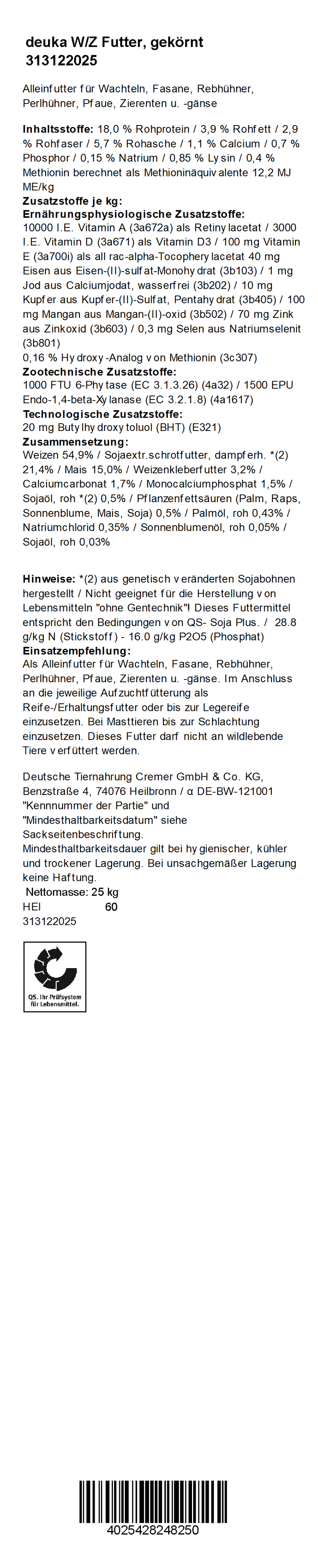 deuka W/Z Futter, 25 kg