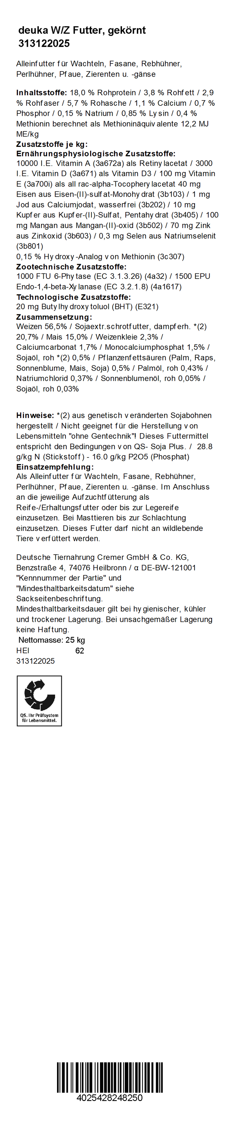 deuka W/Z Futter, 25 kg