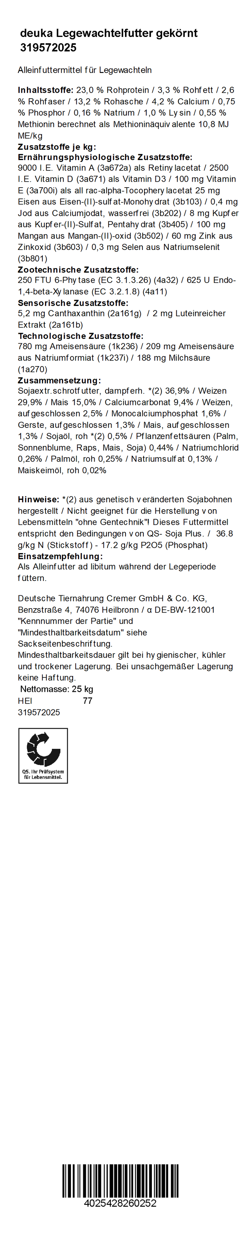 deuka Legewachtelfutter