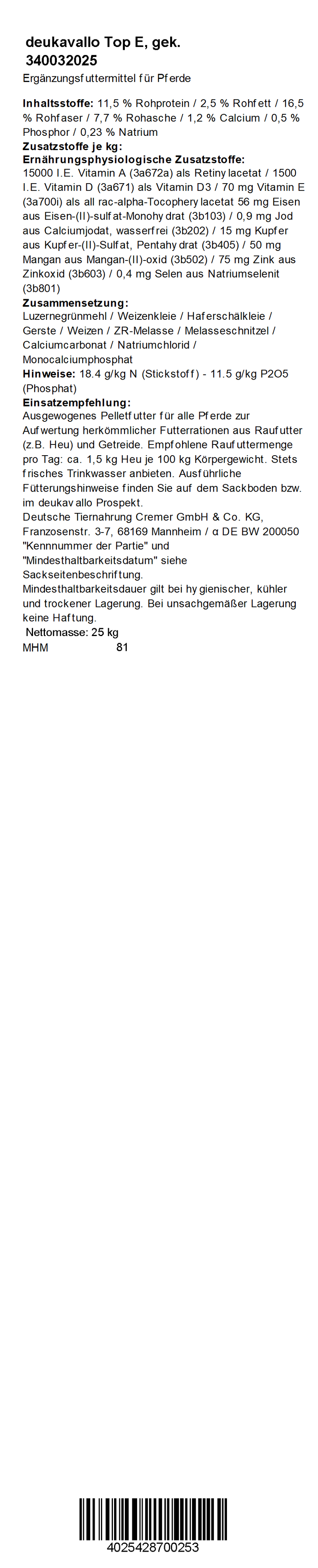 deukavallo Top E, 25 kg
