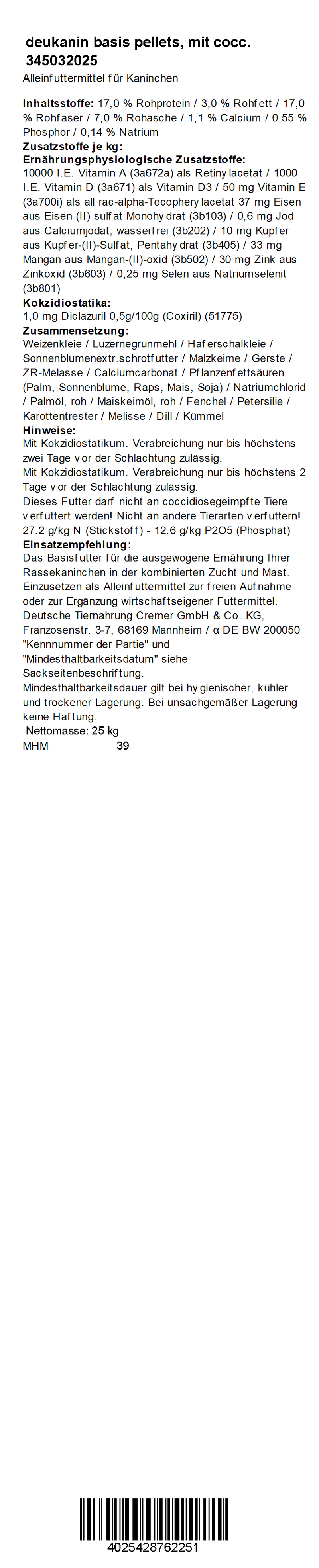 deukanin basis m. Cocc., 25 kg