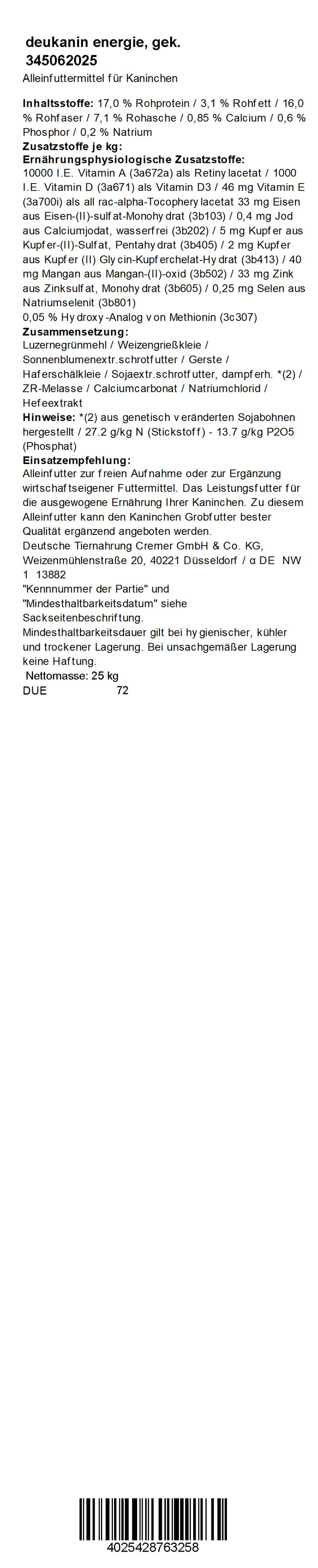 deukanin energie, 25 kg