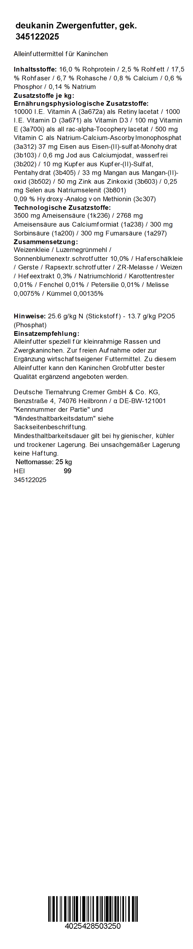 deukanin Zwergenfutter, 25 kg